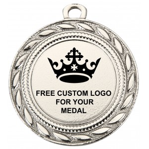 PACK OF 100 BULK BUY 40MM SILVER MEDALS, RIBBON AND CUSTOM LOGO **AMAZING VALUE**